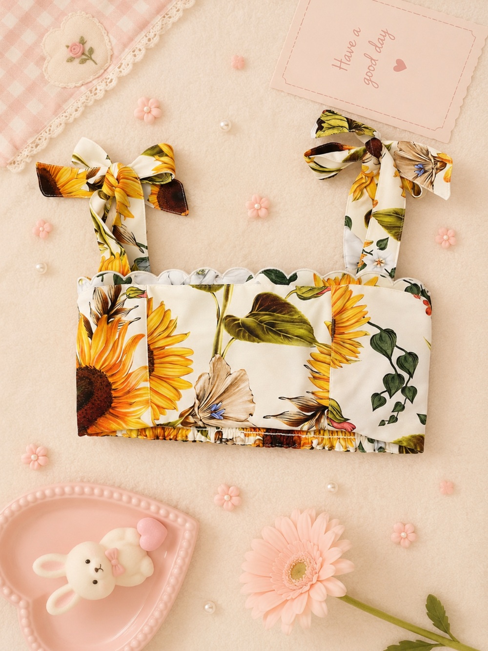 Agua Bendita Sunflower Print Tie Strap Crop Top | Smocked Back | Size M